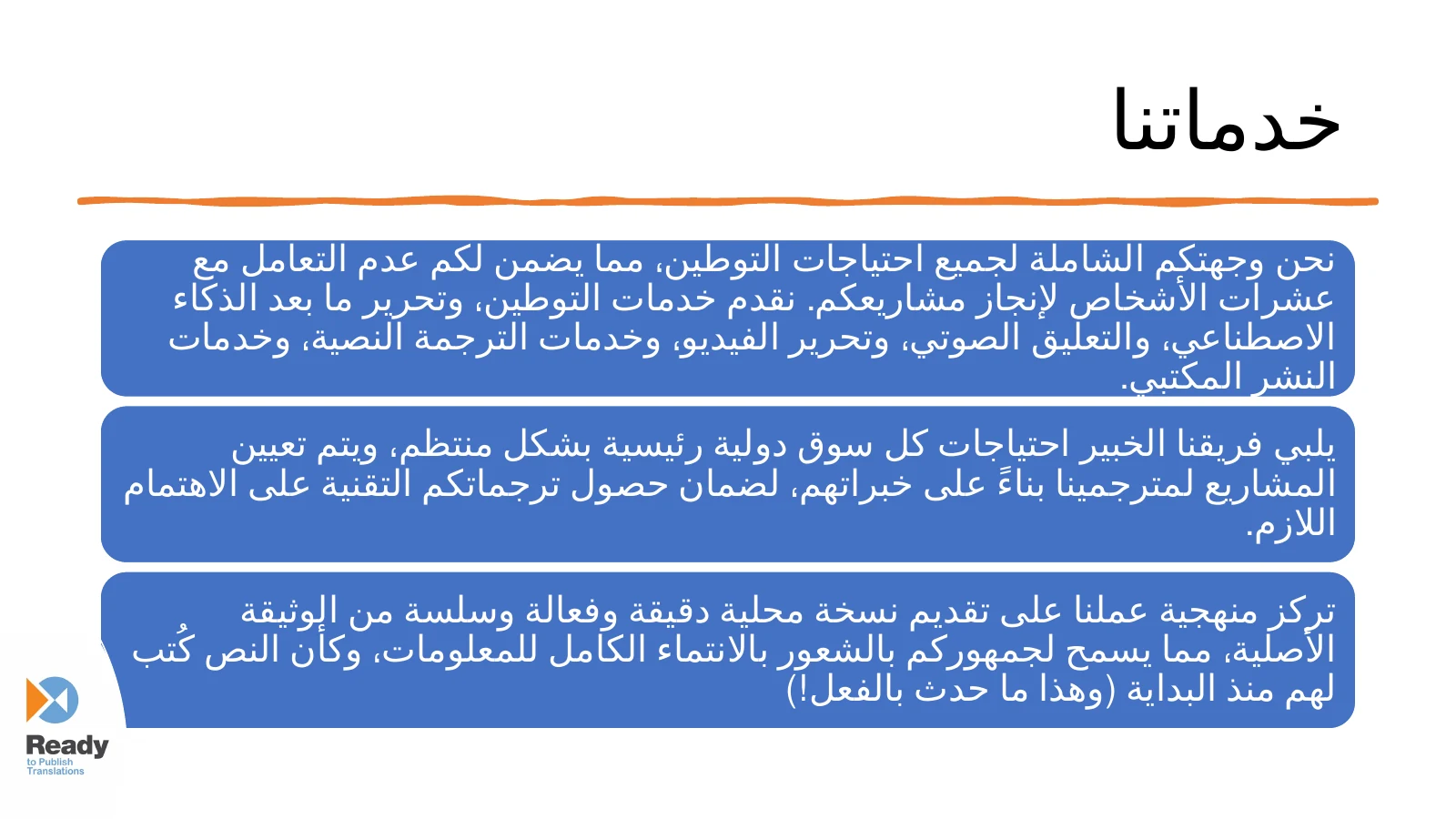 Arabic (Gulf) · the same file, back: the “Our Services” slide of our own pitch deck, exported from Transcreate AI